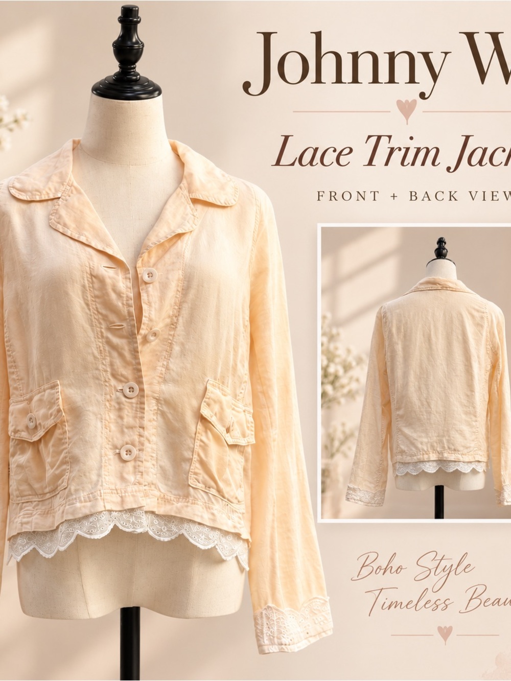 Johnny Was Lace Eyelet Trim Jacket Cream Boho Medium